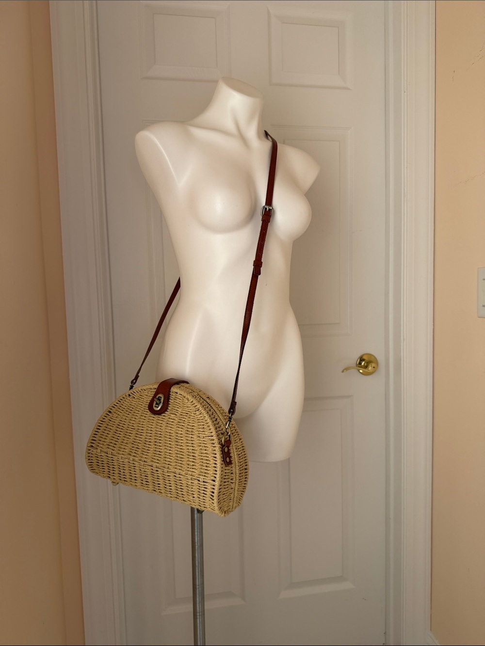 Patricia Nash Woven Straw Crossbody Bag with Brown Leather Trim